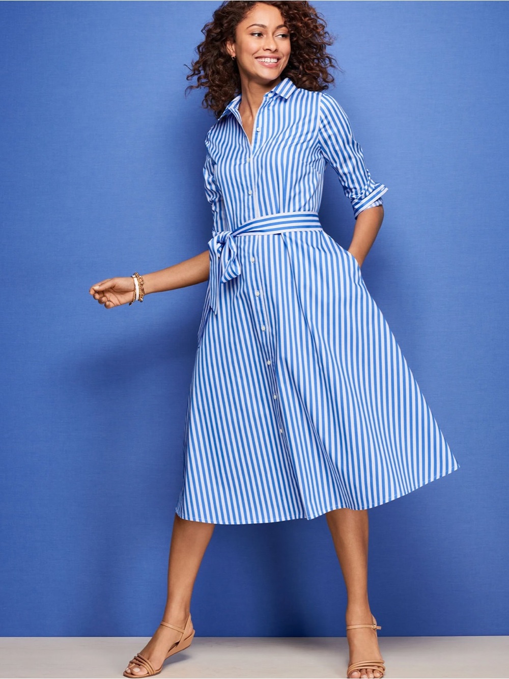 Talbots Midi Poplin Shirtdress Blue/White stripe Tie Waist 100% Cotton 12P